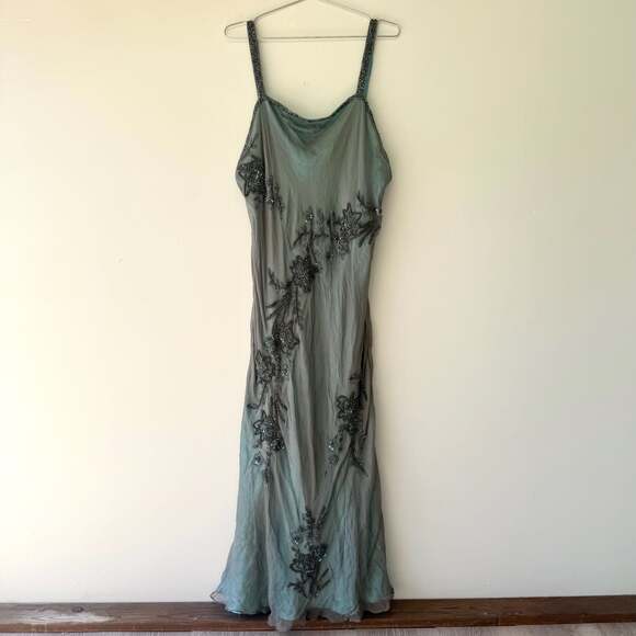 Scala Dresses & Skirts - Vintage Scala 100% Silk Beaded Floral Maxi Dress Gunmetal Teal Plus Size 2X